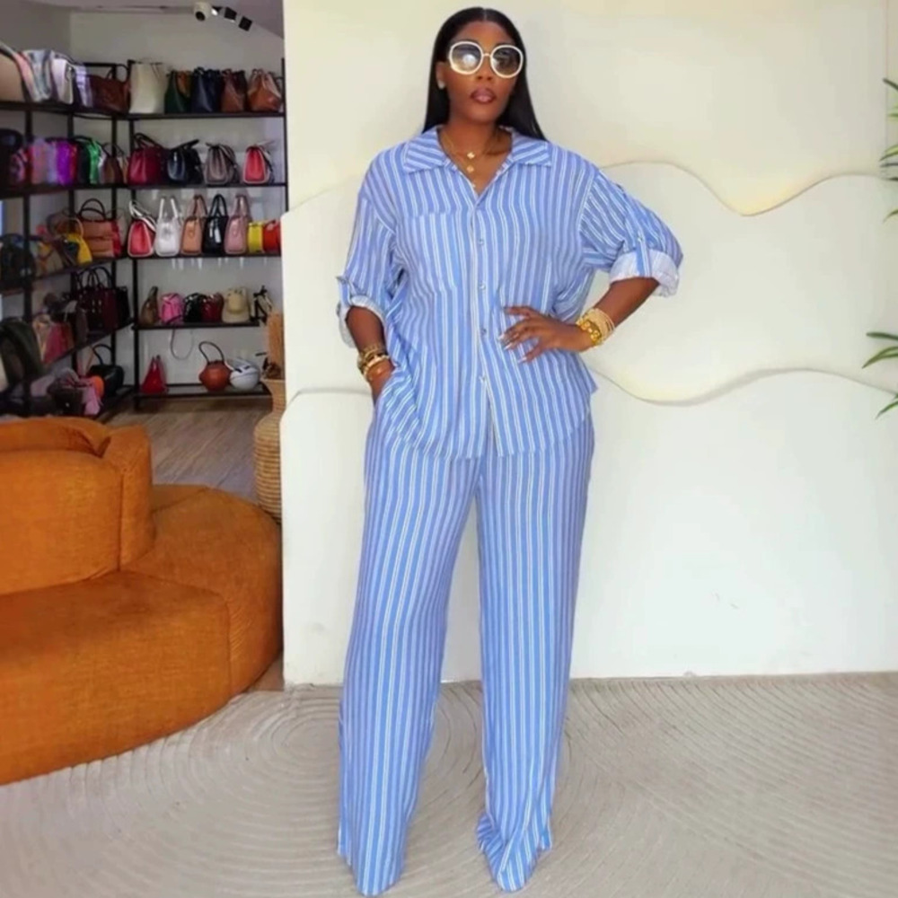 ZARA Blue Striped Back Slit Shirt African Wide Leg Pants Set